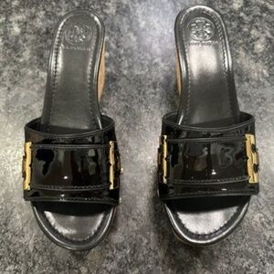 Tory Burch Pamela Patent Leather Studded Cork Wedge Slides - Black Size 10